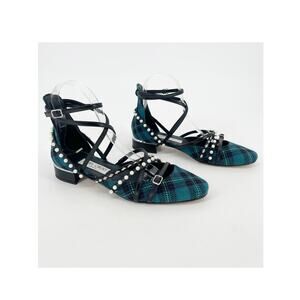 Jimmy Choo Celestia 25 Peacock Tartan Pearl Studded Mary Jane Flats IT 37.5